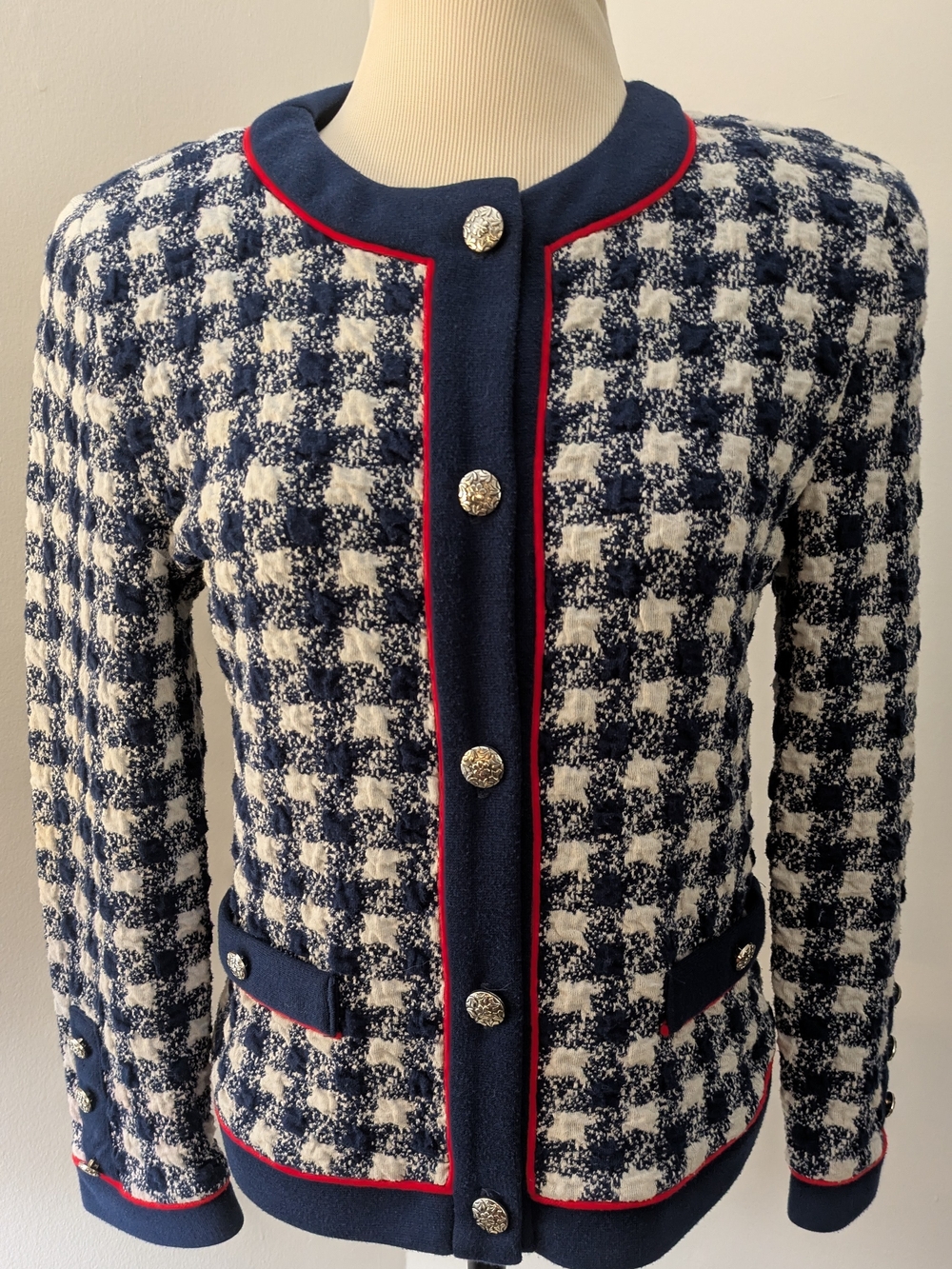 Vintage Classic Navy & Cream Houndstooth Jacket with Red Piping